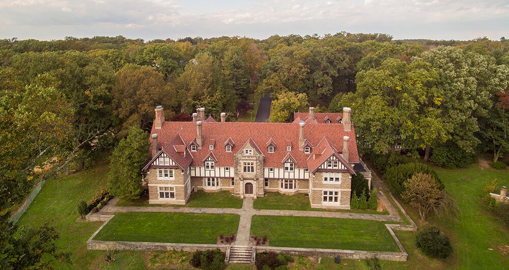 An aerial view of the mansion on Cabrini University's campus.