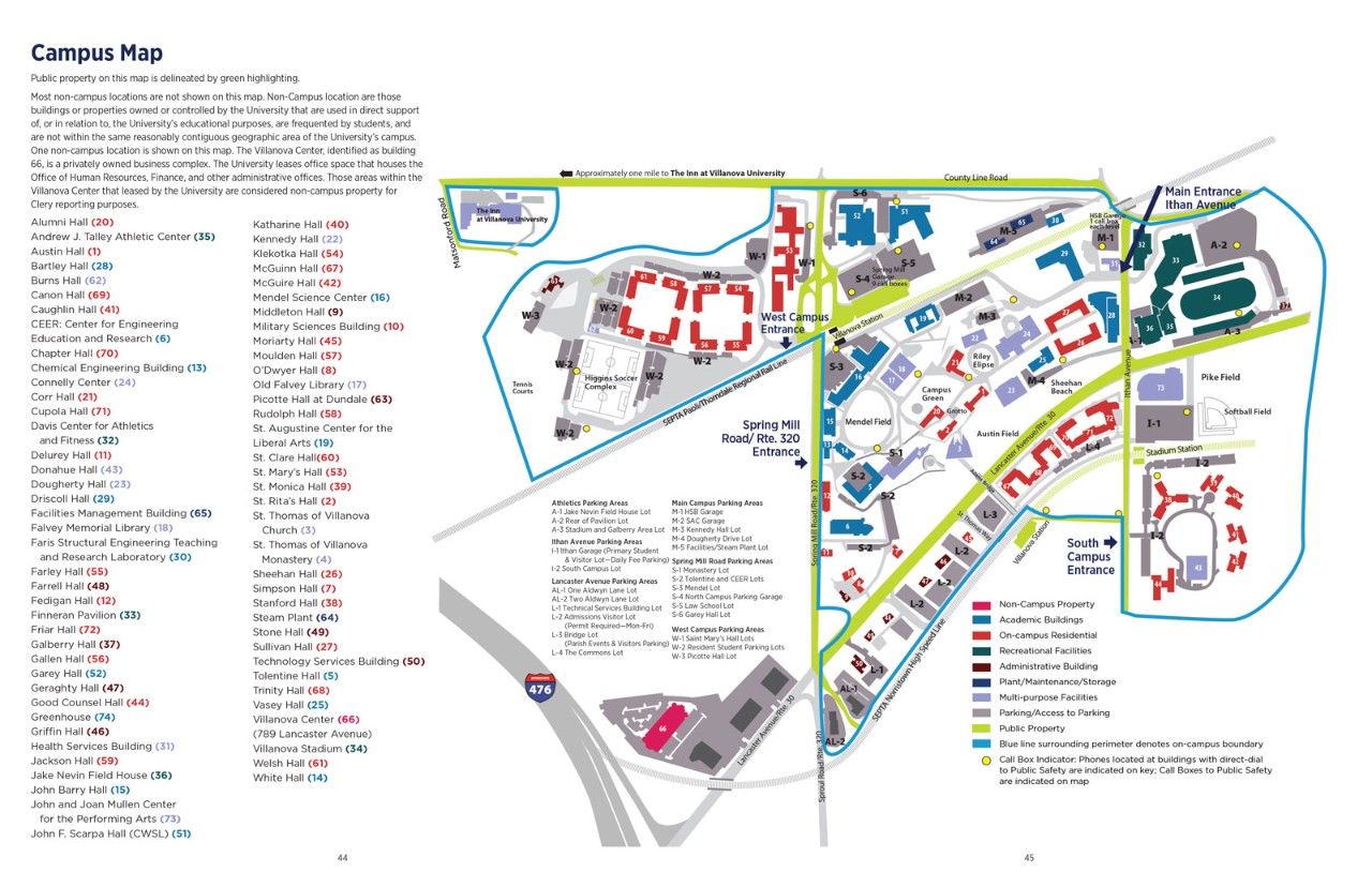 Map of campus with roads, buildings and other markers