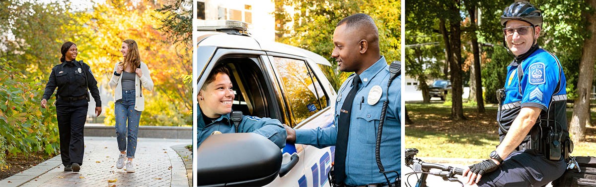 A 3-segment image of public safety officers performing their campus duties