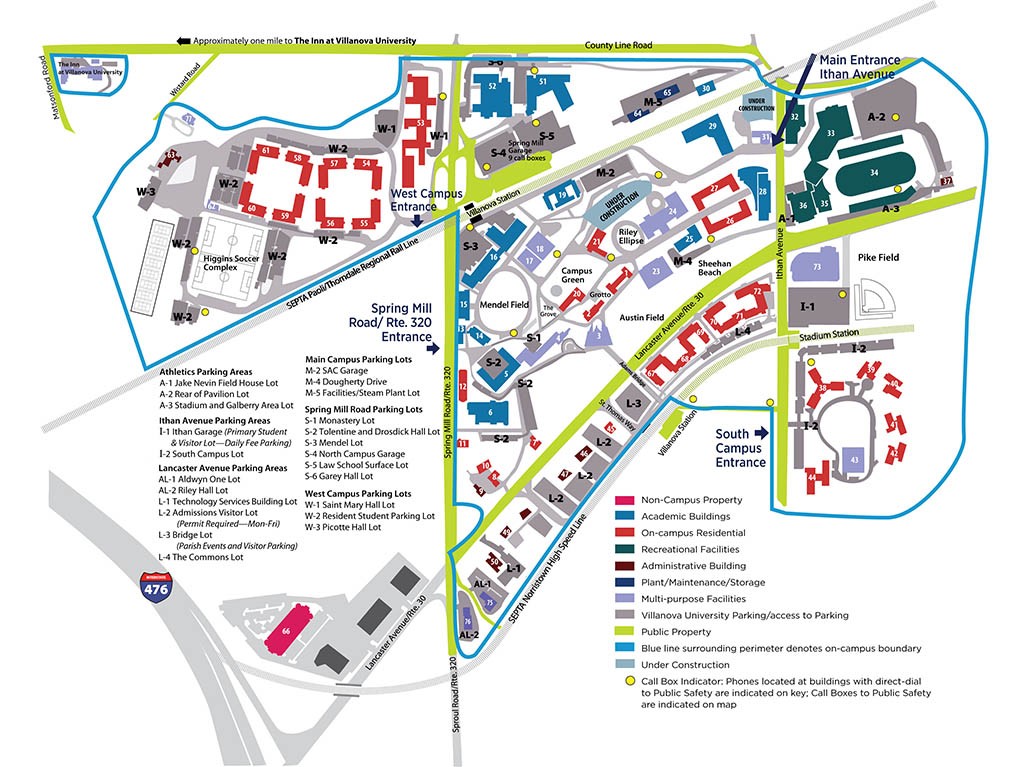 Map of campus with a matching key for buildings and parking lots