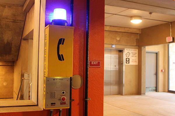 View of an emergency call box in a parking garage on Villanova's campus.