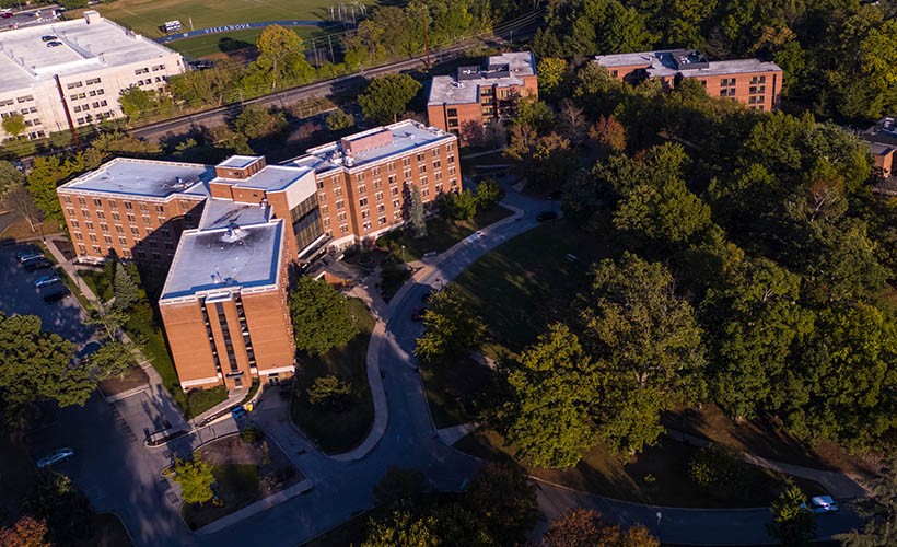 An aerial view of residence halls on Villanova's south campus.