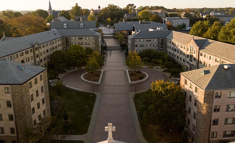 Aerial view of a walkway in between two residence halls on Villanova's main campus.