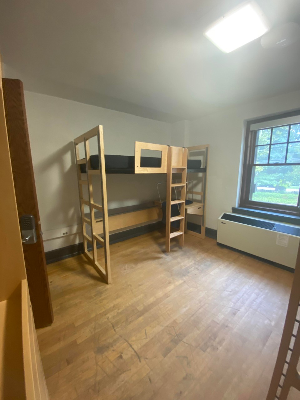 View of bunk beds and a desk in a Fedigan Hall double room.