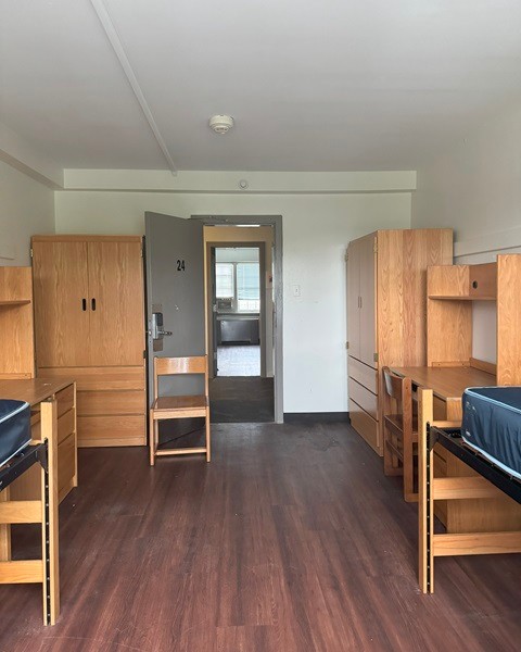 View of two beds in a Moriarty Hall double room.