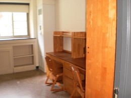 View of two desks in a Sheehan Hall double room.