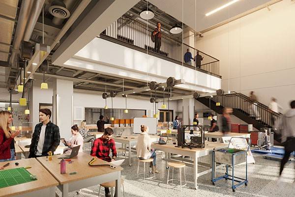 Rendering of the Drosdick Innovation lab, a two-story makers space with students at work tables surrounded by tools.