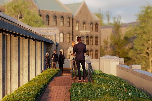 Rendering of people standing on a brick path running through a green roof covered in plants.