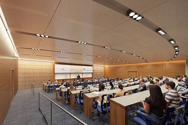 Rendering of a stadium seating classroom filled with studens and a professor standing in front of a white board.