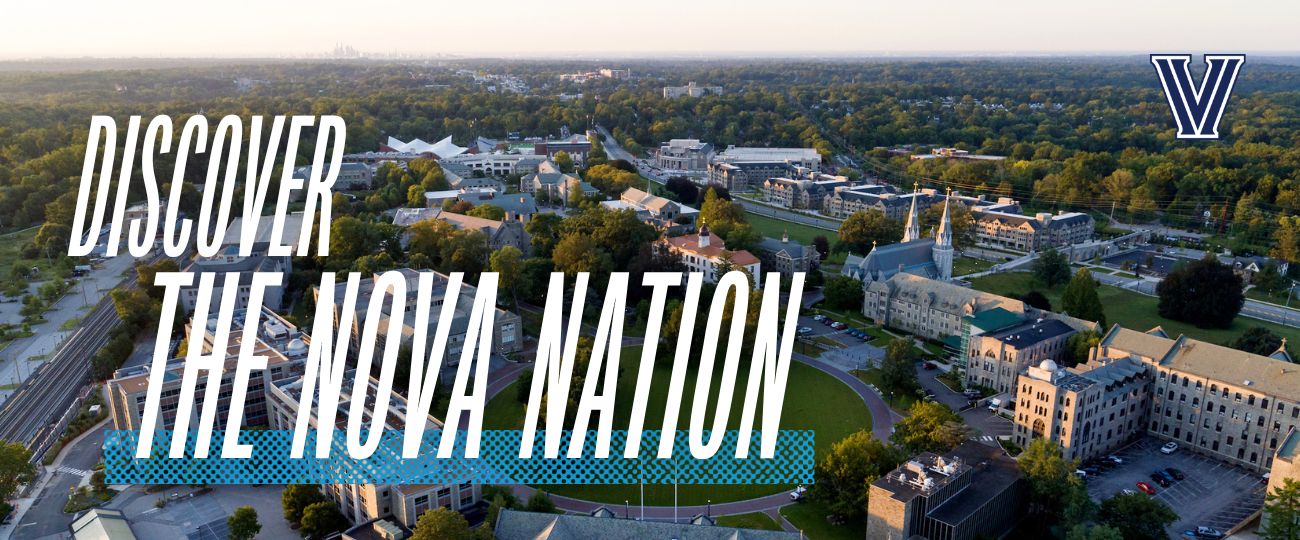 Visit Villanova with image of church spires and residence halls
