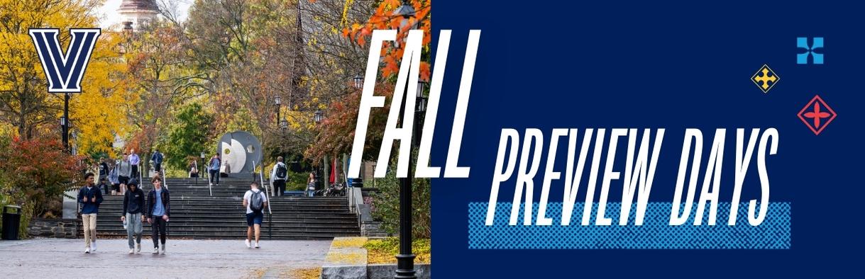 Fall Preview Day graphic with a photograph of a girl walking across autumn leaves