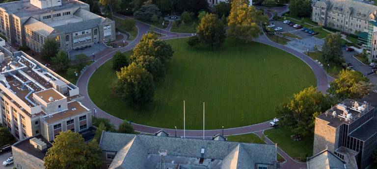 Aerial of campus showing Mendel Field