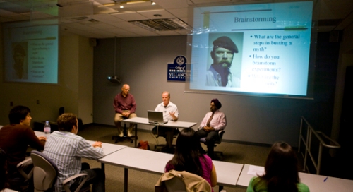 Ed Dougherty, Assistant Professor (center), hosts a creativity and brainstorming lesson with MythBusters’ Jamie Hyneman, live via web link, as part of the Engineering Entrepreneurship minor.