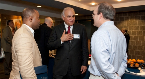 Dr. Moeness Amin, Director of the CAC, (center) speaks with Dr. Frederic Bertley, Vice President, The Franklin Center, The Franklin Institute (left) and Dr. Larry Carin of Duke University (right) 