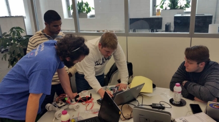Student teams compete in the first annual Intel Edison hackathon. 