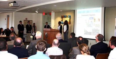 Kimberley Musey ’15 CE and Lia Fabian ’15 CE represent their senior capstone design team in a presentation of “National Highway System Connector Evaluations” at a meeting of the Delaware Valley Regional Planning Commission’s Goods Movement Task Force.