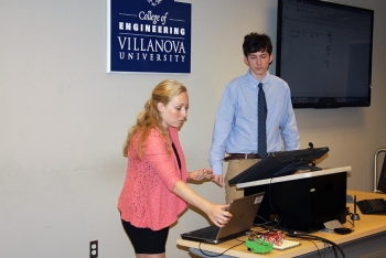 Peter Houtkin ’16 EE and Elizabeth Tyhacz ’16 ME presented their digital guitar pedal to an audience including a representative from the Harris Foundation as well as students, faculty and staff.