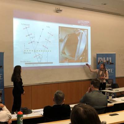 ME senior students Brooklyn Curtin (left) and Julie Kasunic presenting their project Variable-Delay Polarization Modulator to the ASME Philadelphia chapter judging committee (November 2019), one of four teams to win a grant in 2019-2020.