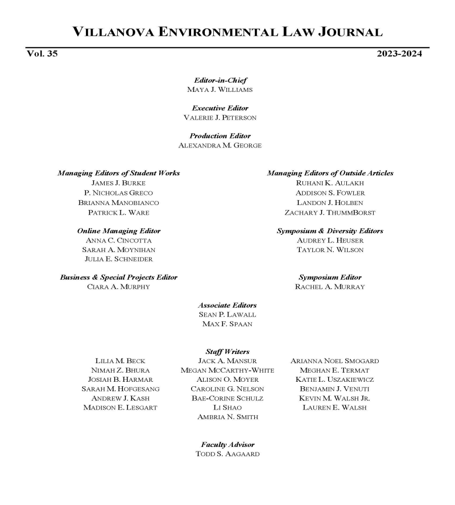 Villanova Environmental Law Journal 2021-2022 Masthead