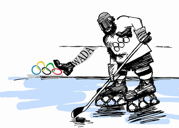 black and white cartoon drawing of hockey player on ice with human leg crushing Olympic rings in the background with WADA spelled out on leg