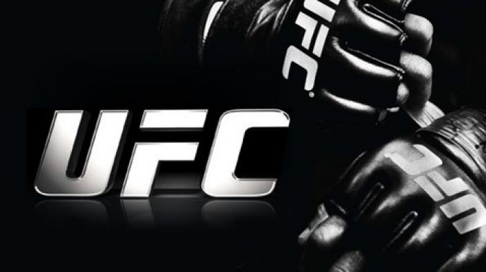Black and white UFC logo with two crossed black UFC fighting gloves