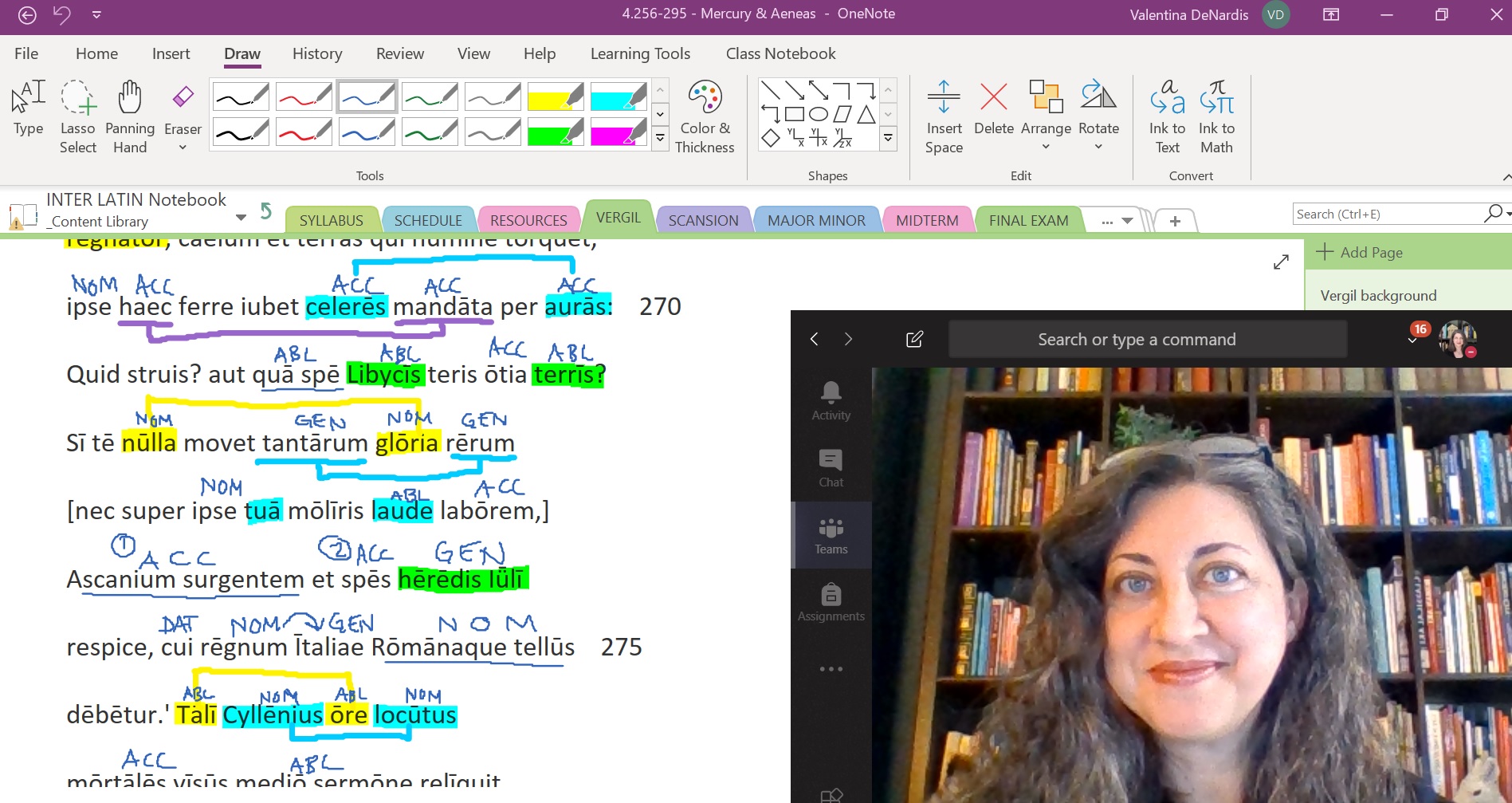 Photo of Dr. DenNardis's face on a video screen next to a heavily annotated piece of Latin text on her OneNote screen that she shares with her students