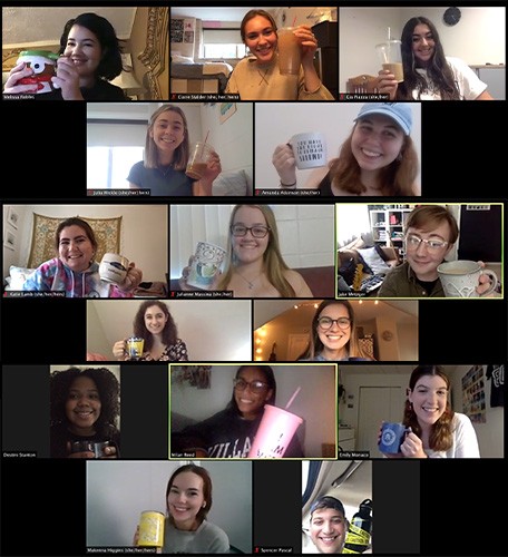 A screenshot of three "Zoom Rooms"-- a collage of small squares with each student's face smiling and holding up a coffee cup.