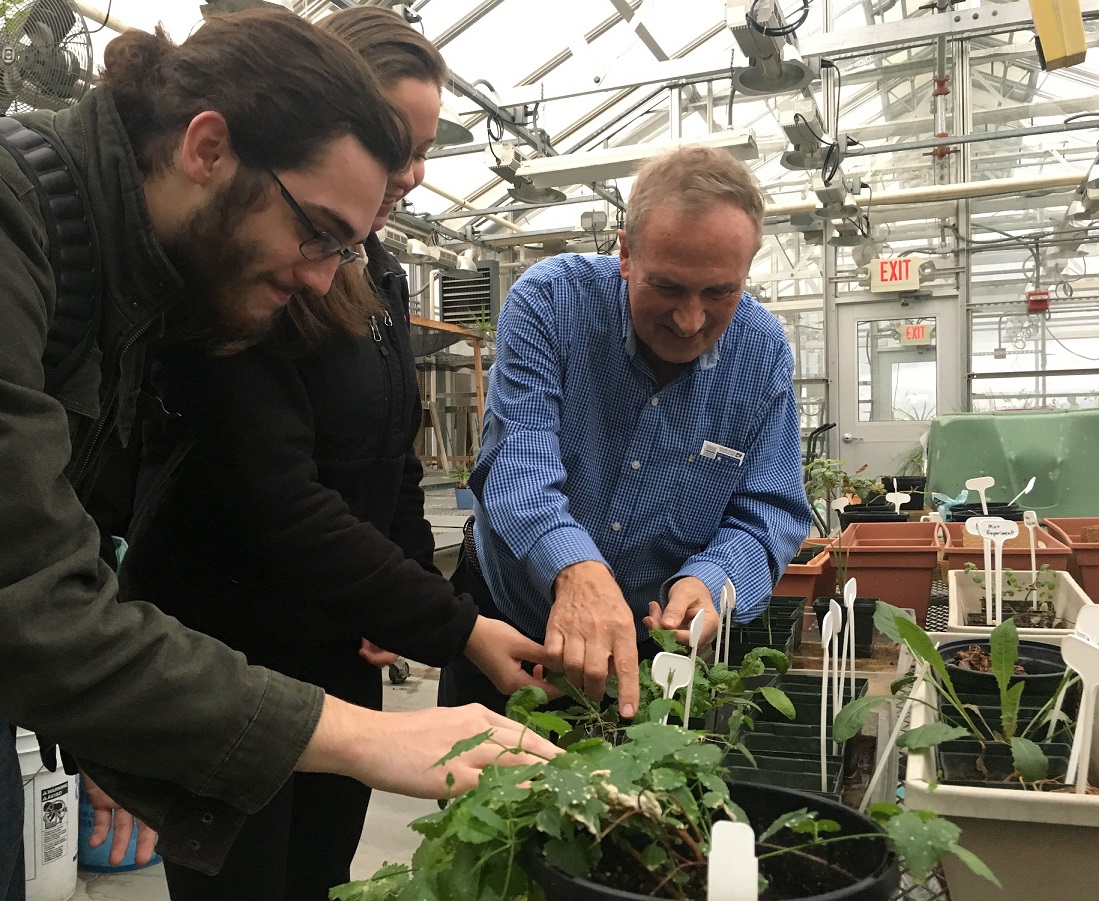 Dr. Guinan (right) talks with Astrobiology students about the growth of plants in the Mars simulant soil.
