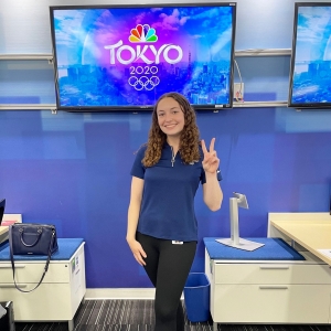 Taryn Twohig posing at NBC Sports headquarters in Stamford, Connecticut.