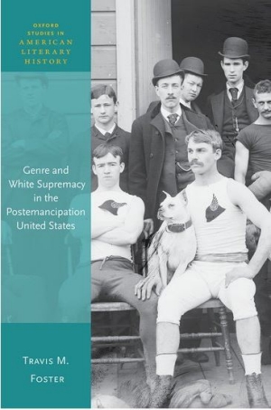 The cover of Foster's Book. It is a photo of a group of white men with mustache's and bowler hats and suits scowling at the camera. It appears to be a photo from the turn of the 20th century. The young man seated at the front of the group has a tank top tucked into shorts and has his arm around a bulldog.