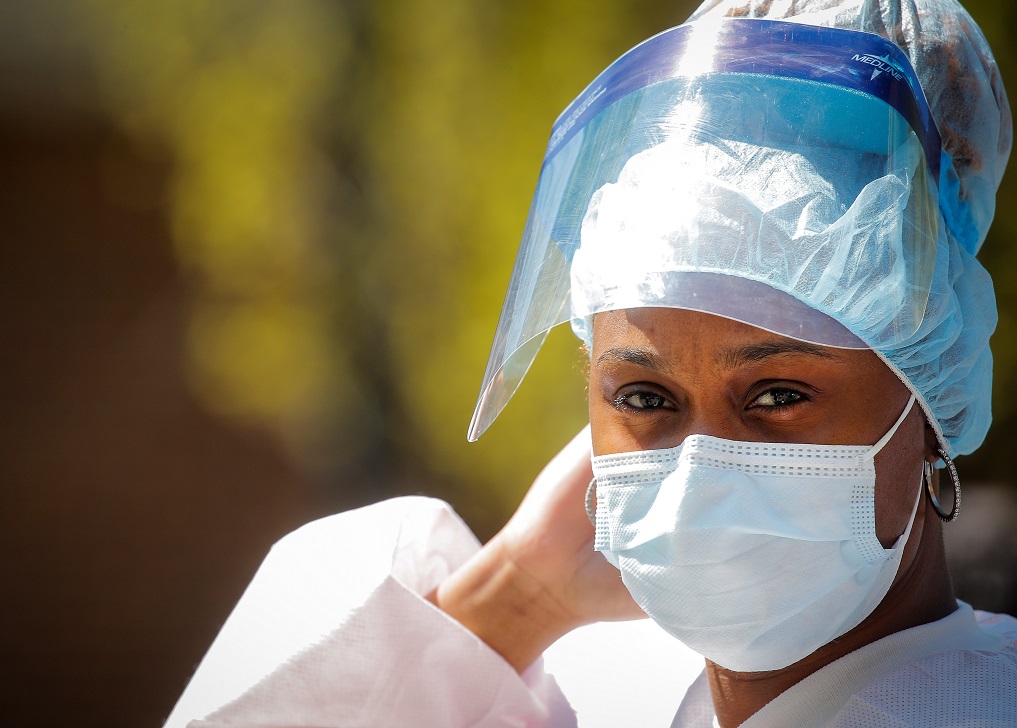 A healthcare worker outside the Brooklyn Hospital Center, during the outbreak of coronavirus disease (COVID-19