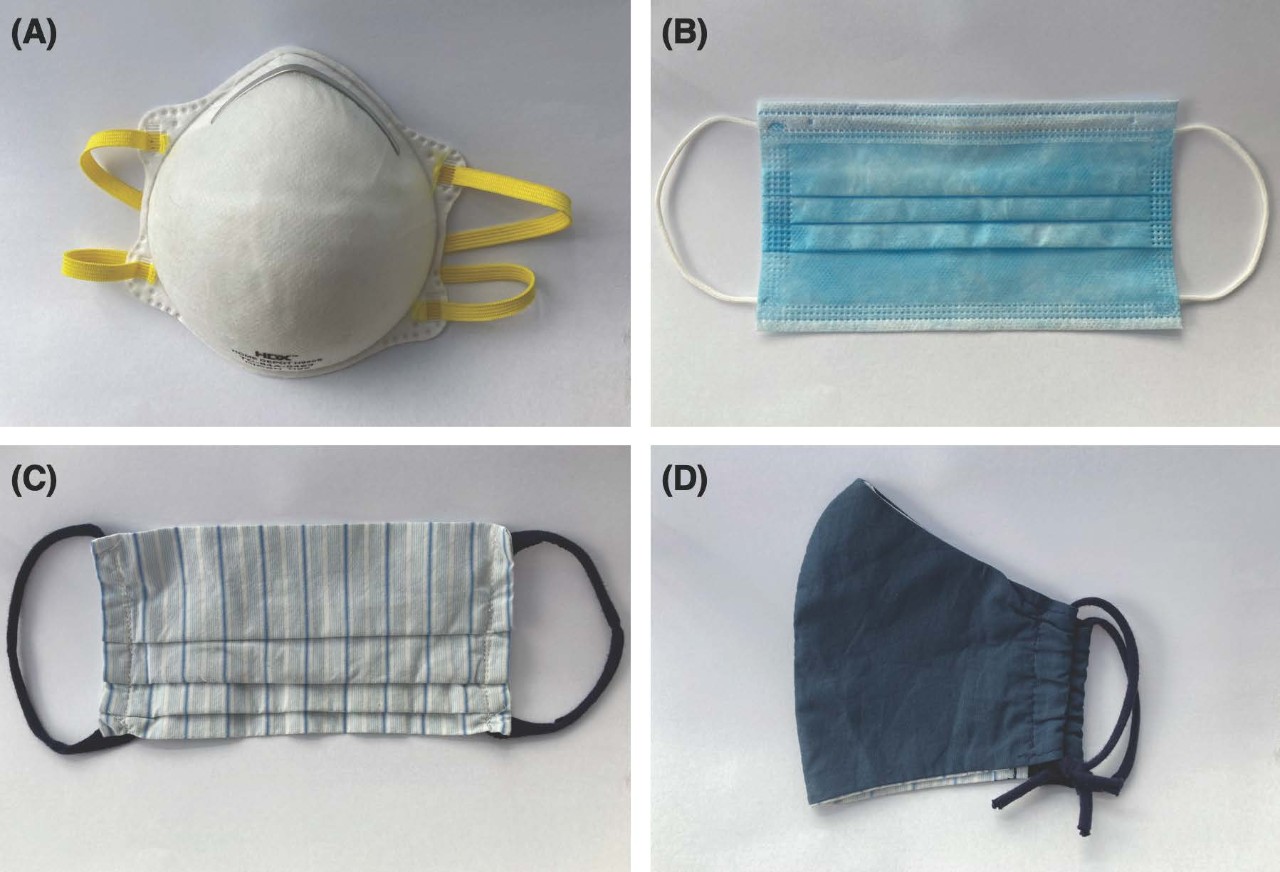 Divided into four equal squares, this photo contains a surgical mask, an N95 respirator, a pleated cloth mask and a non-pleated cloth mask, labeled A, B, C, D