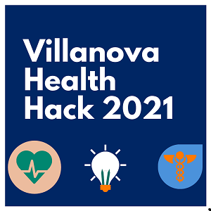 square box with the words Villanvova Health Hack and images of a lightbulb, a heart with a pulse through it, and  the medical symbol of two snakes on a staff