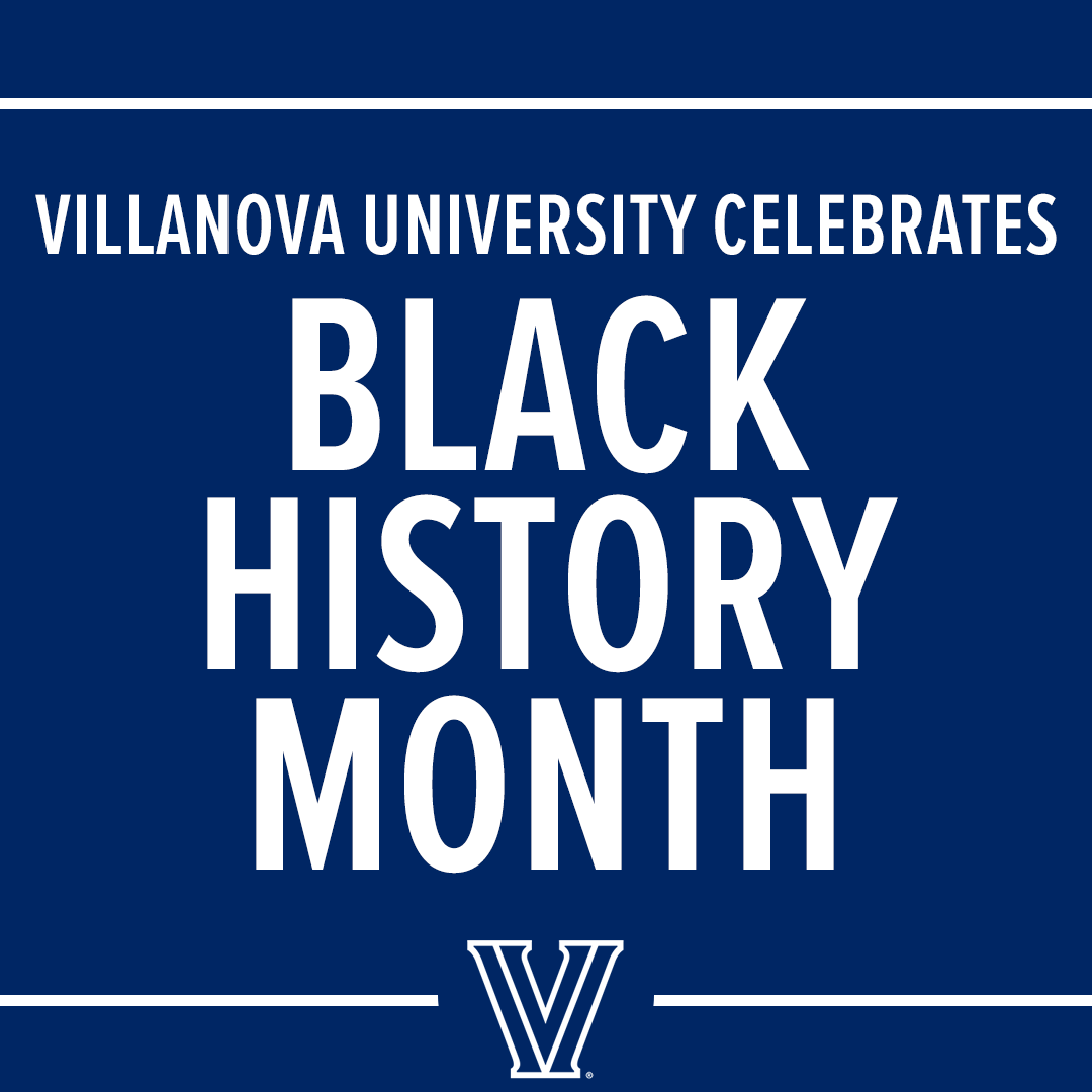 Graphic: Villanova's navy blue with with the words "Villanova University Celebrates Black History Month" in white.