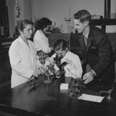 First women, from the nursing class of 1957, in the day science lab. Fall 1954.