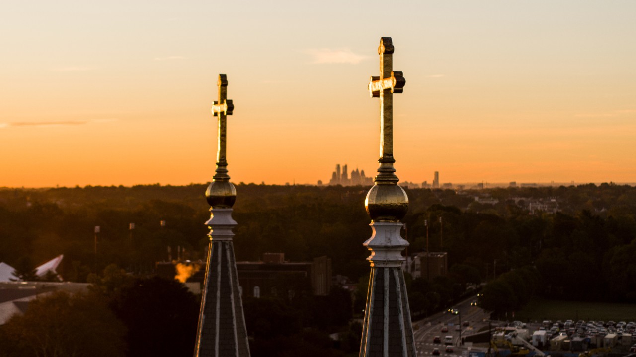 The spires of the Villanova Church at sunset