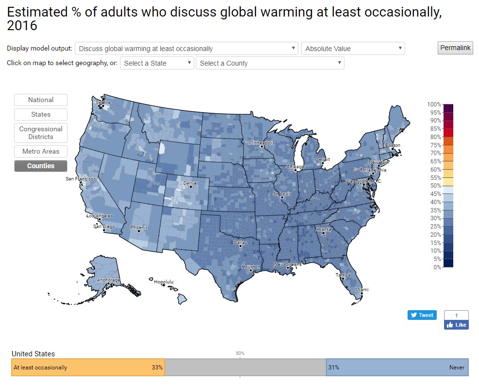 Percentage of Americans who discuss global warming at least occasionally