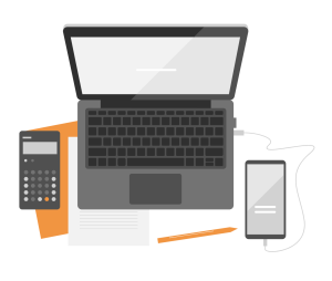 Illustration of a laptop computer sitting on a desk with a phone plugged in and a calculator on the side. Also in the illustration is a piece of paper and a pencil. 