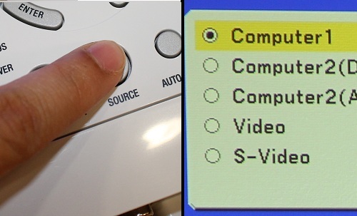 Step 7: Locate the button on the projector that controls the projector's input, labeled 'Source' or 'Input.' Toggle through inputs until you reach the port named in Step 4. If the Mac still doesn't project, proceed to Steps 8-10.