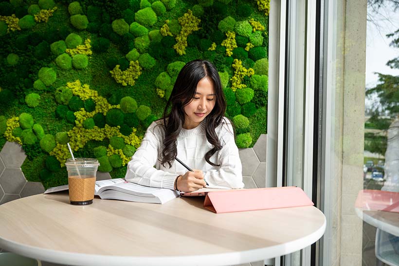 Female student studying in cafe