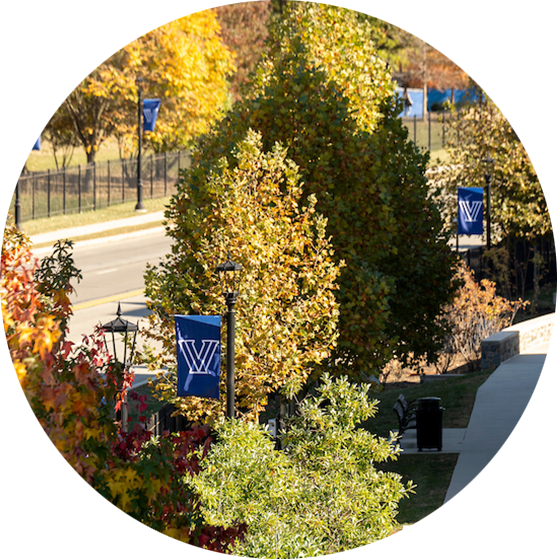 Aerial view of Lancaster Avenue with Villanova banners
