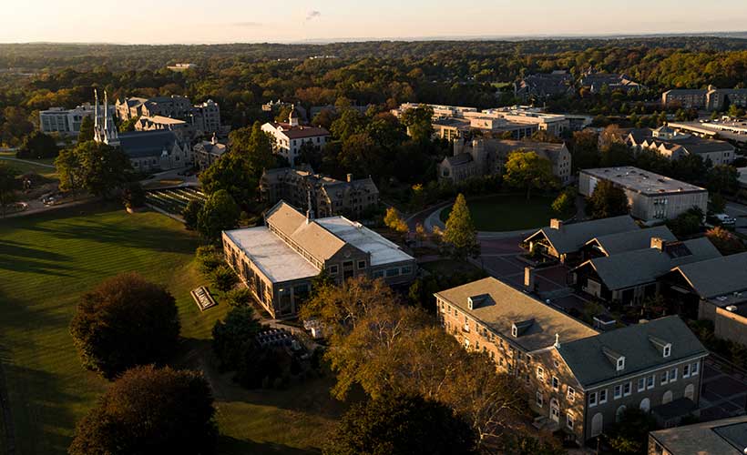 An aerial shot of campus