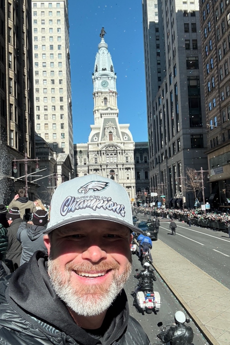 Eagles Football Team VP of Marketing Brian Papson in front of City Hall Philadelphia
