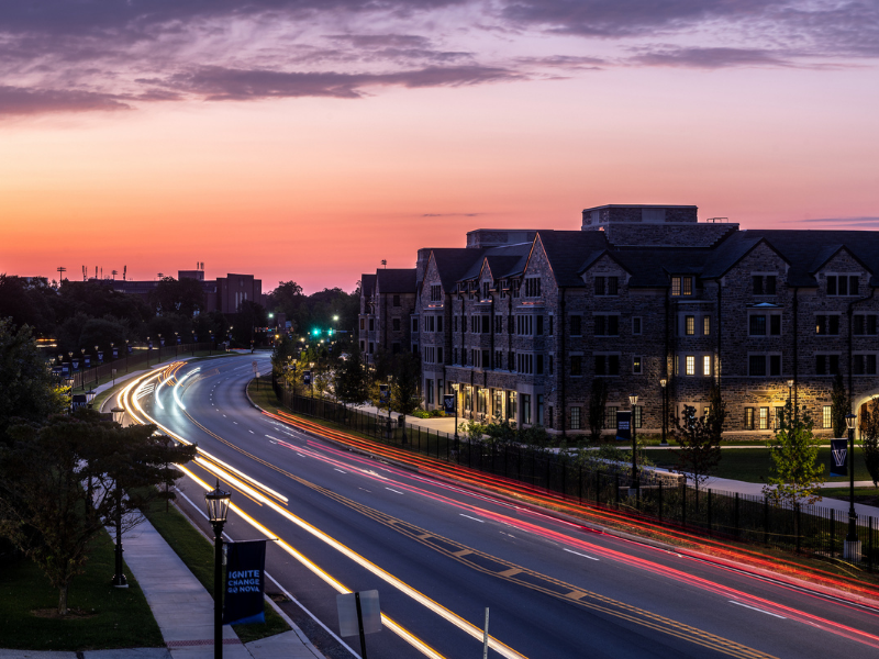nighttime skyline photo of Lancaster Road with the Villanova Commons in the background