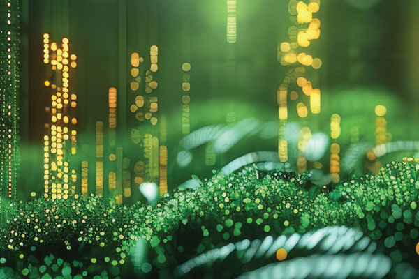 Greenery and yellow lights depicting sustainability