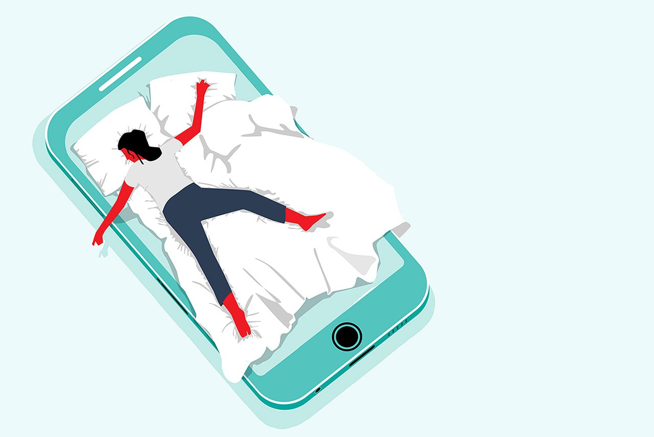 illustration of a woman lying on her stomach atop white sheets and pillows on a bed that's made out of a cell phone