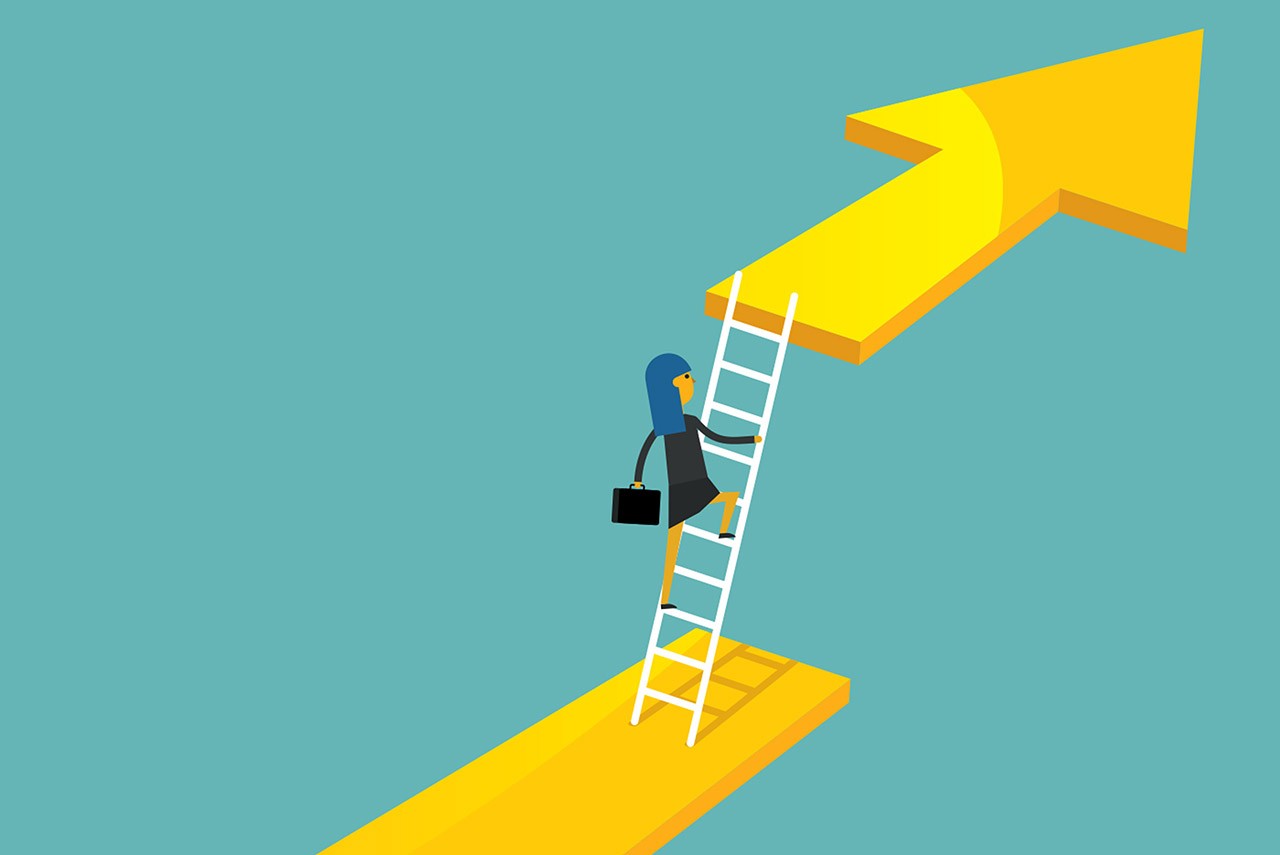 illustration of a woman with a briefcase climbing a ladder to reach a yellow arrow pointing forward