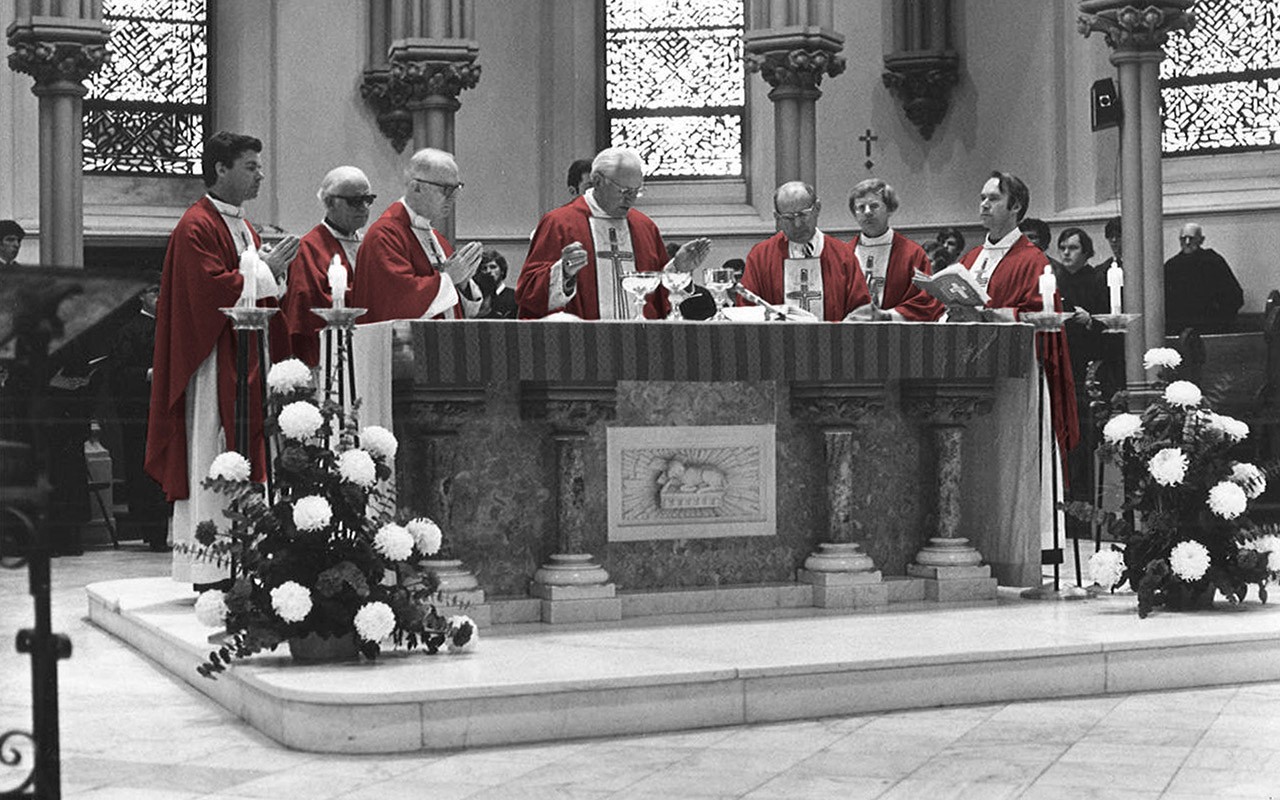 John Cardinal Krol celebrates Red Mass in 1978 at St. Thomas of Villanova Church surrounded by priests in red vestments