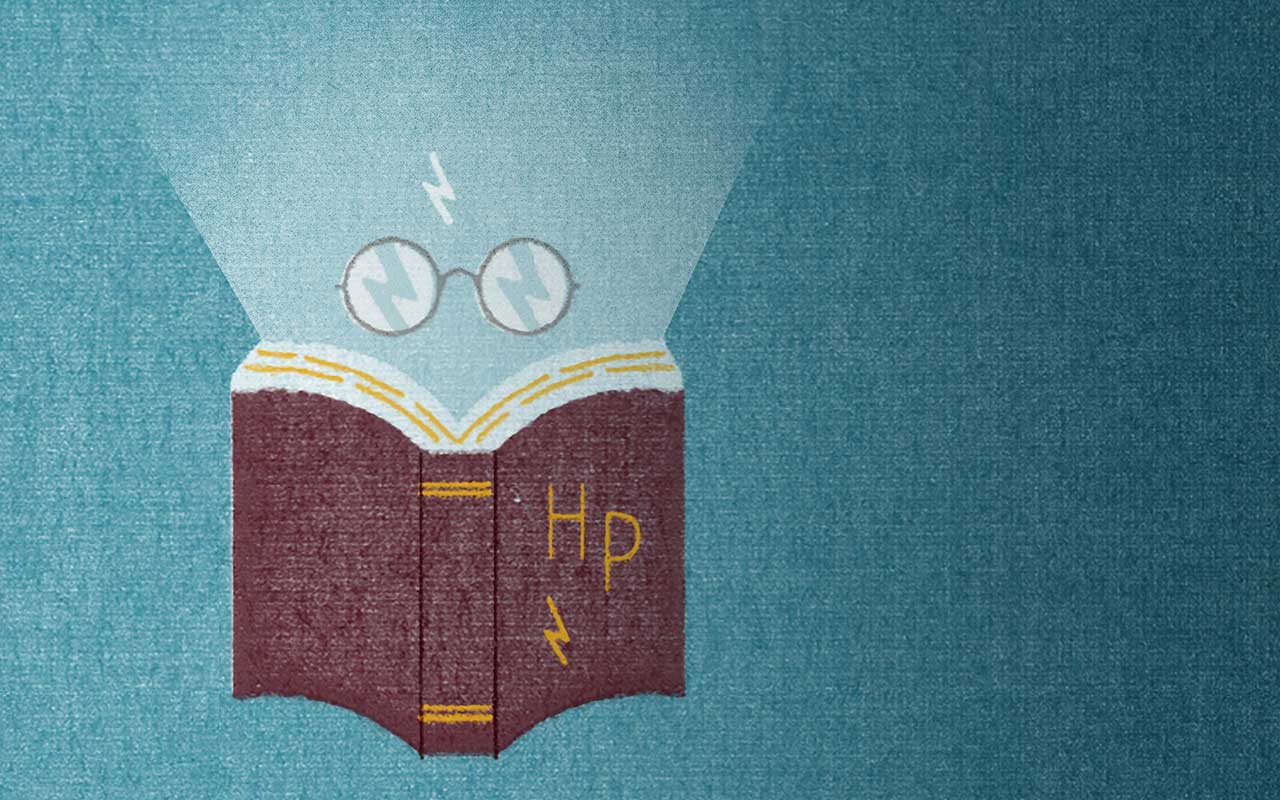 illustration of Harry Potter lightning bolt, glasses and opened book