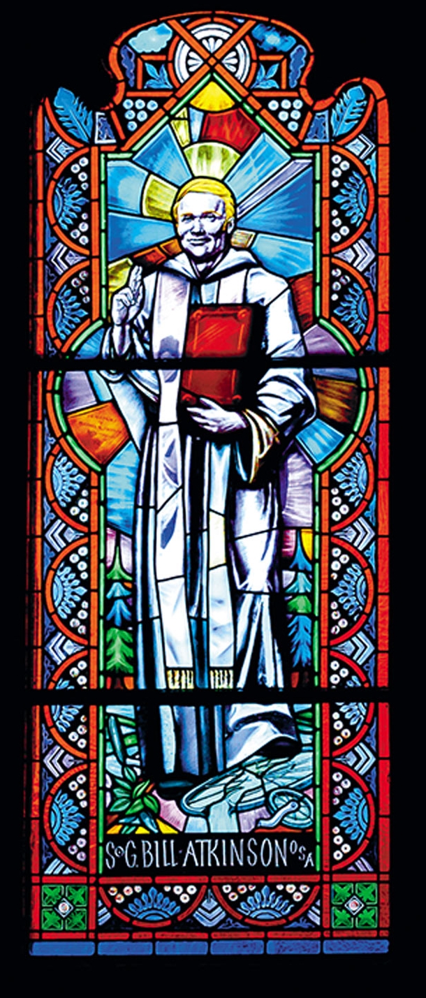 stained glass window in Corr Chapel depicting the Rev. William Atkinson